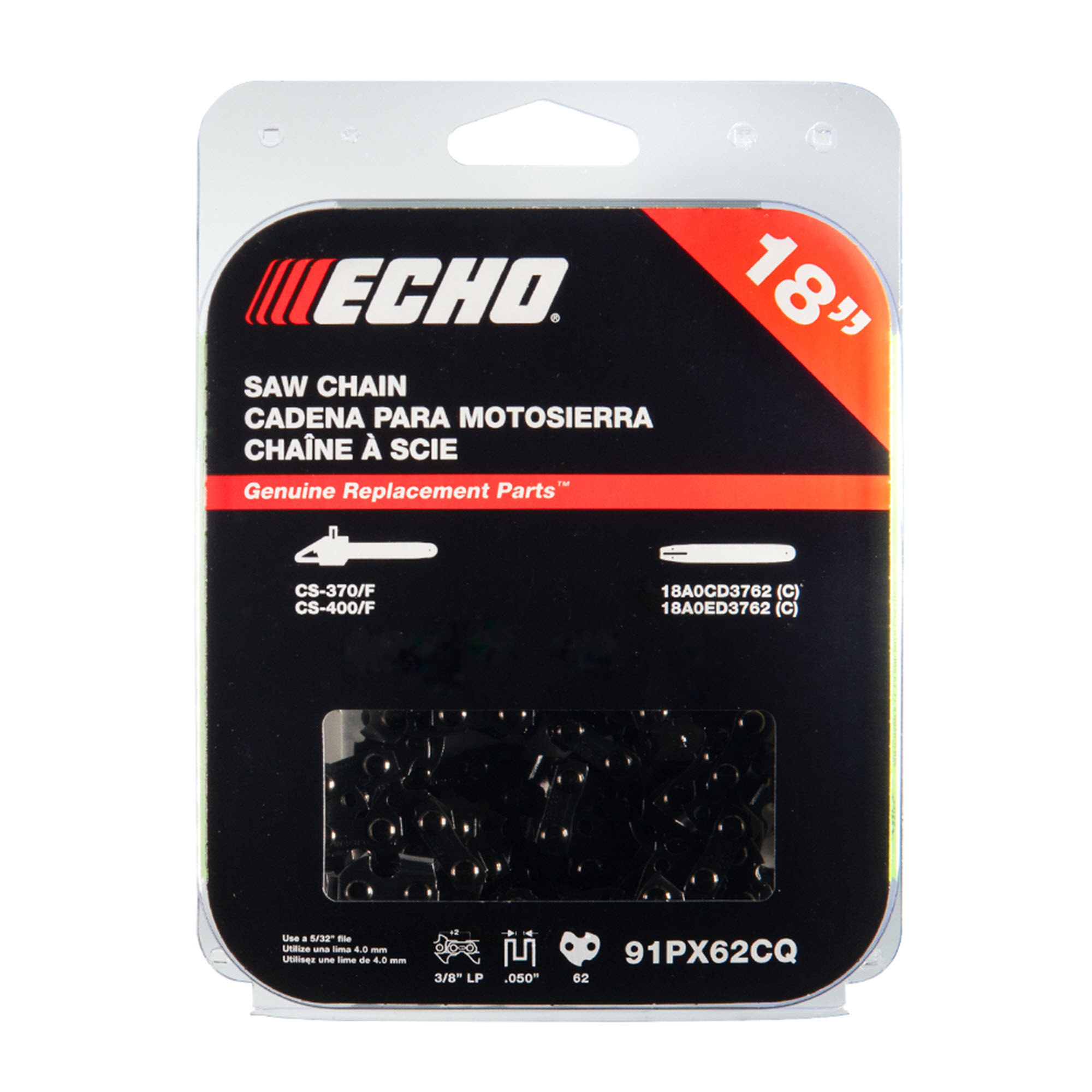 ECHO, 18" 91PX chainsaw chain, 62 drive links, unique chamfer chisel cutters, Pitch 3/8", Guage 0.043", For use on ECHO chainsaws CS-370, CS-370F, CS-400, CS-400F & CS-4010, Compatible with ECHO guide bar model 18A0CD3